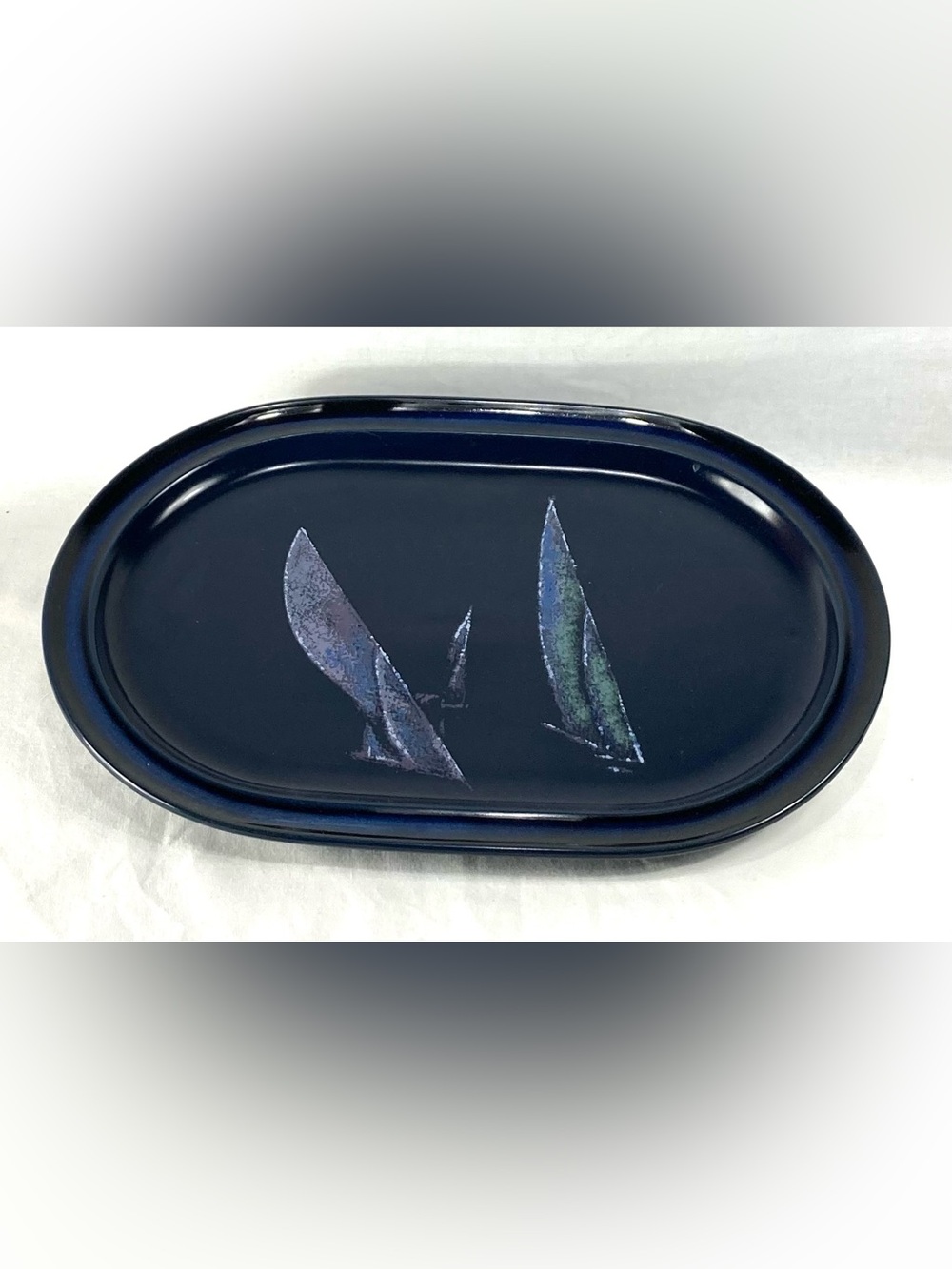 Noritake Dark Blue Oval Ceramic Serving Tray with Sailboat Motif